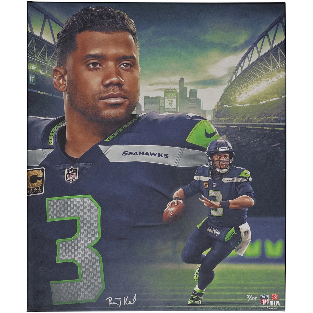 Russell Wilson Seattle Seahawks Unsigned Stretched 20" x 24" Giclee - Created and Signed by Artist Brian Konnick - Limited Edition of 25