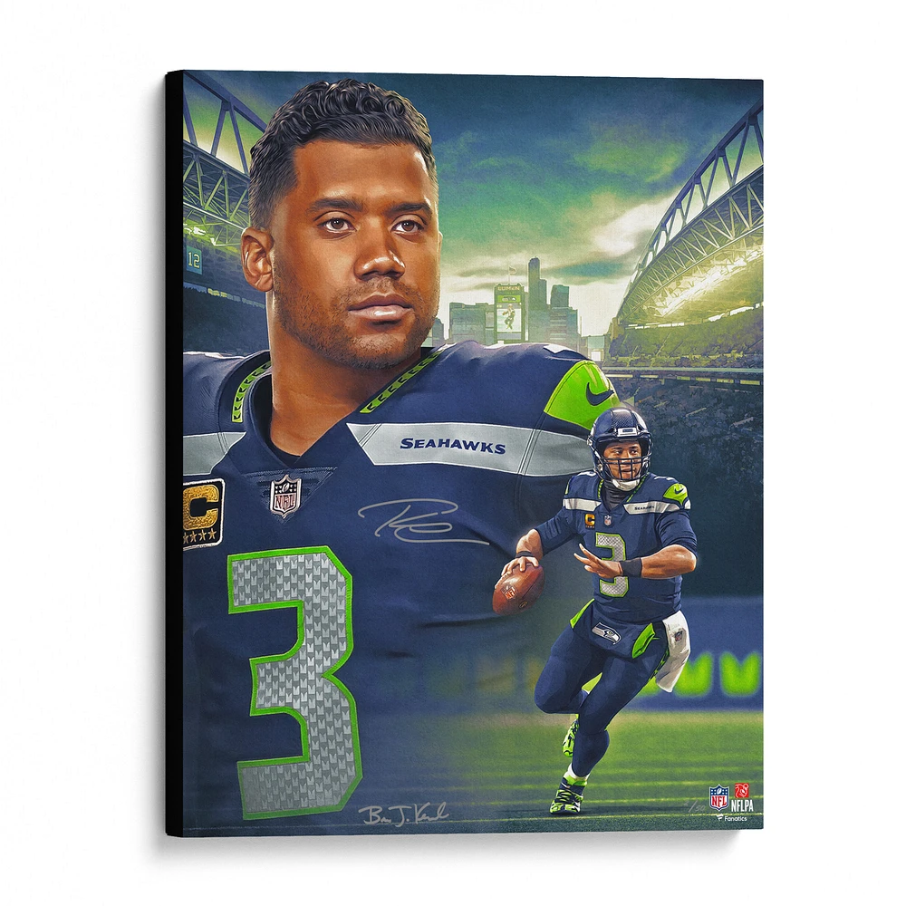 Russell Wilson Seattle Seahawks Autographed Stretched 20" x 24" Giclee - Created and Signed by Artist Brian Konnick - Limited Edition of 50