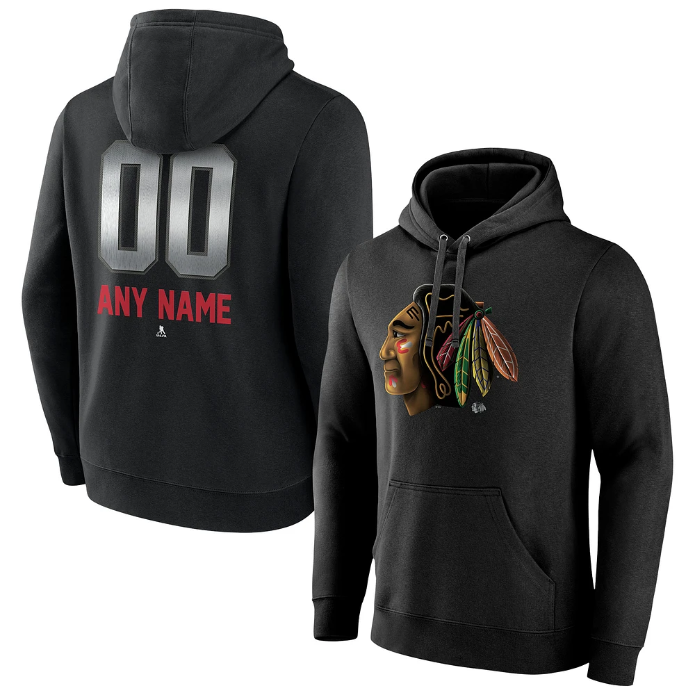 Men's Black Chicago Blackhawks Personalized Midnight Mascot Logo Pullover Hoodie