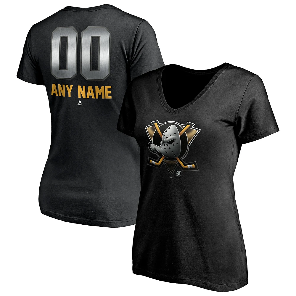 Women's Black Anaheim Ducks Personalized Midnight Mascot Logo V-Neck T-Shirt