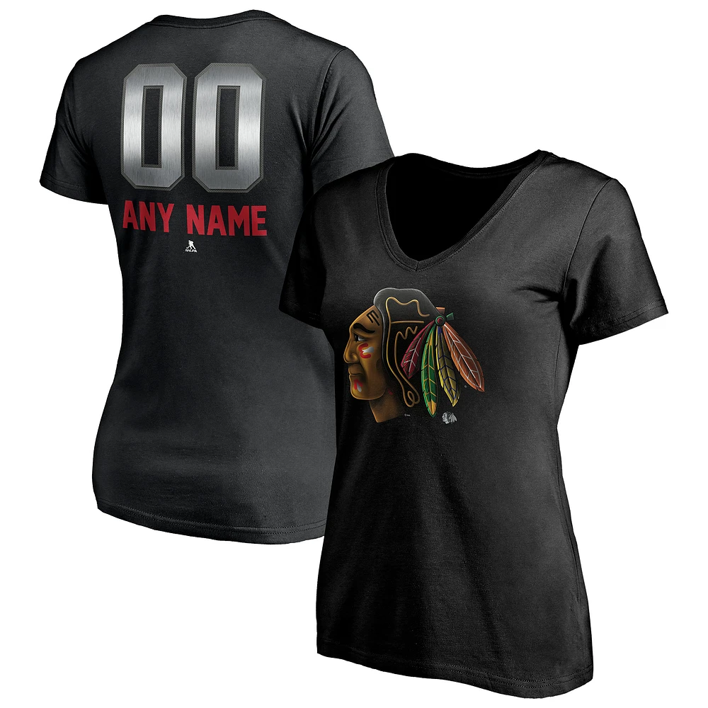 Women's Black Chicago Blackhawks Personalized Midnight Mascot Logo V-Neck T-Shirt