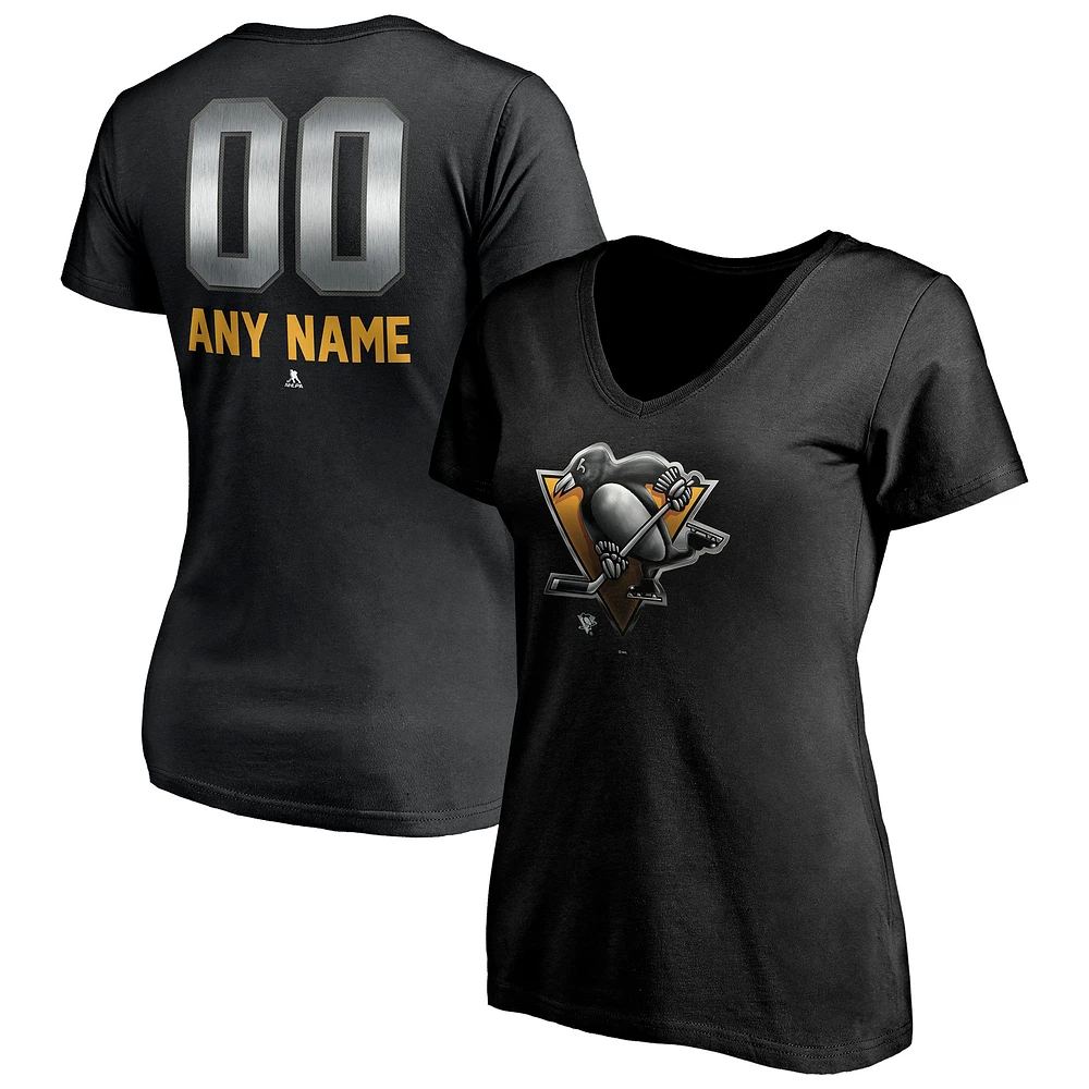 Women's Black Pittsburgh Penguins Personalized Midnight Mascot Logo V-Neck T-Shirt