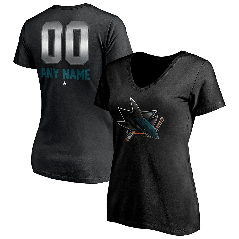 Women's Black San Jose Sharks Personalized Midnight Mascot Logo V-Neck T-Shirt