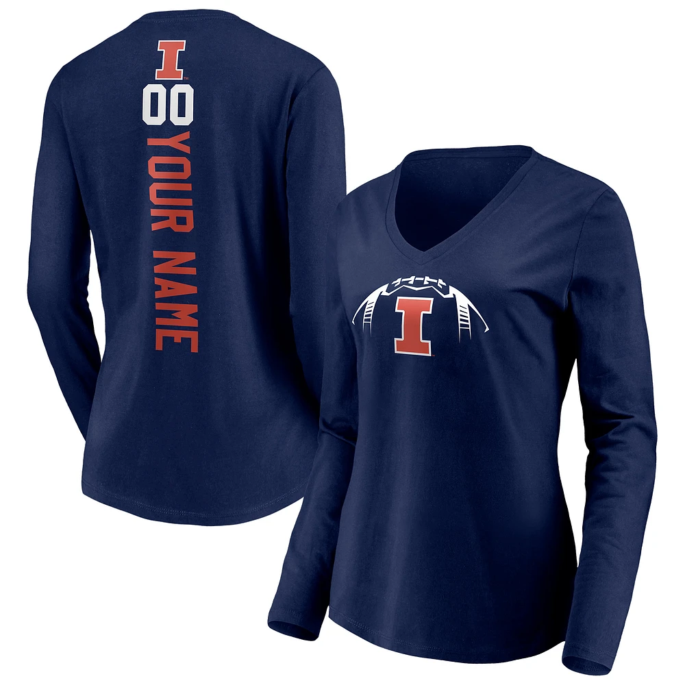 Women's Navy Illinois Fighting Illini Playmaker Football Personalized Name & Number Long Sleeve V-Neck T-Shirt