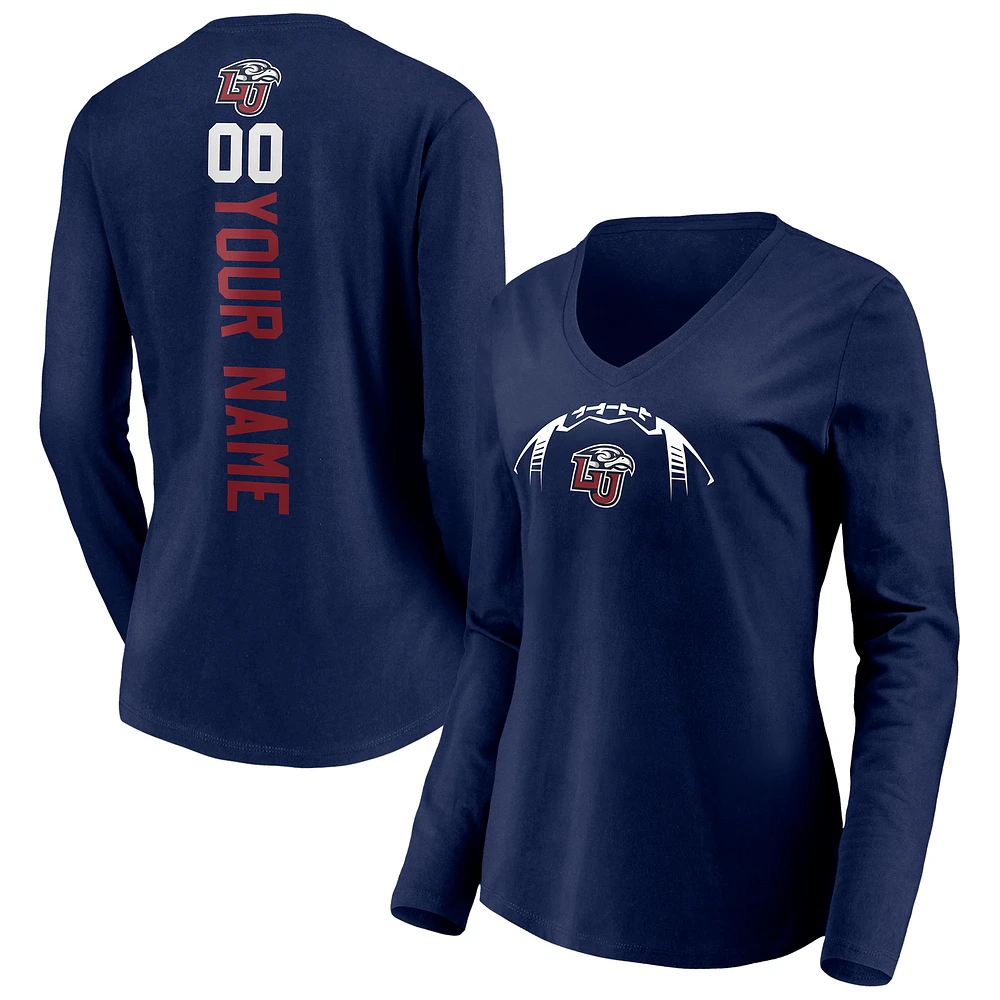 Women's Navy Liberty Flames Playmaker Football Personalized Name & Number Long Sleeve V-Neck T-Shirt