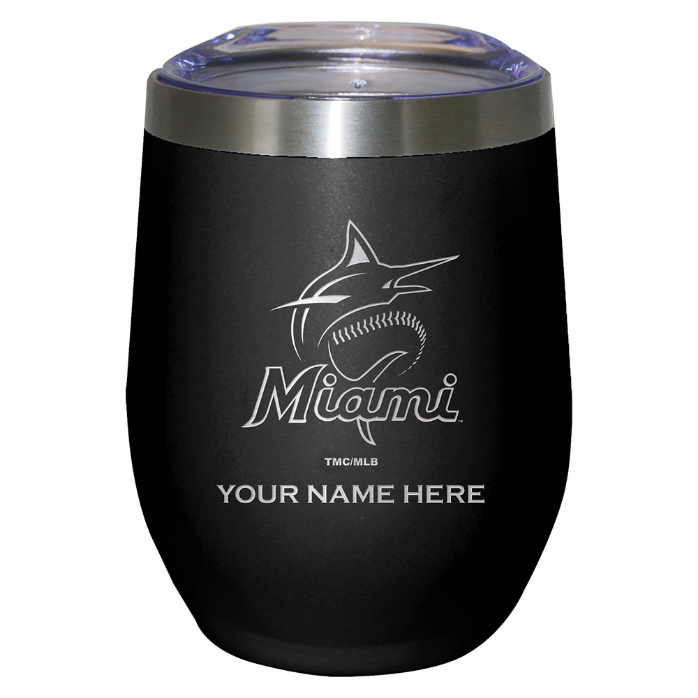 Black Miami Marlins 12oz. Logo Personalized Etched Stemless Tumbler