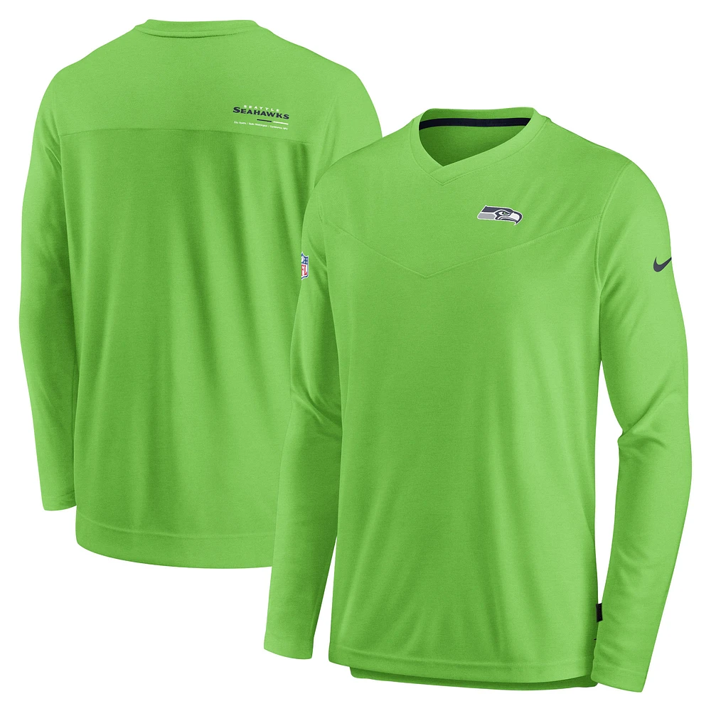 Men's Nike Neon Green Seattle Seahawks Sideline Coach Chevron Lock Up Long Sleeve V-Neck Performance T-Shirt