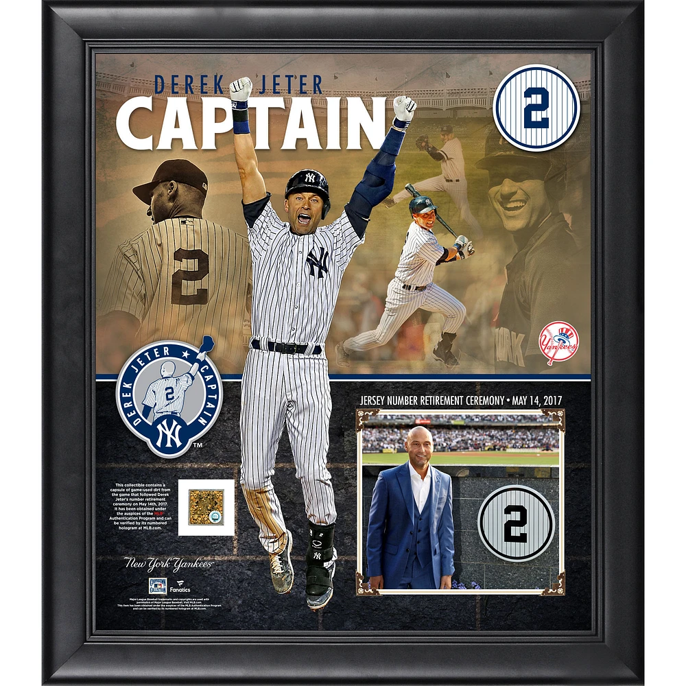 Derek Jeter New York Yankees Framed 15" x 17" Jersey Retirement Collage with a Capsule of Game Used Dirt