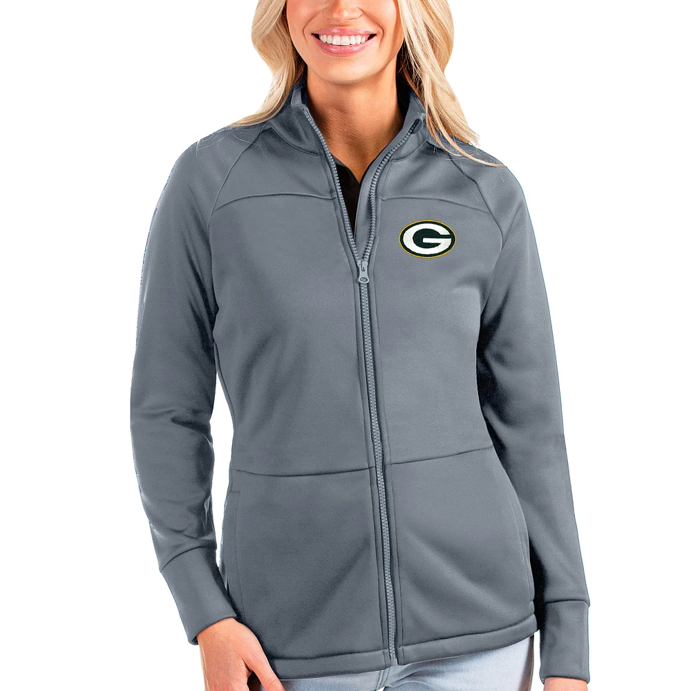 Women's Antigua Gray Green Bay Packers Links Full-Zip Golf Jacket