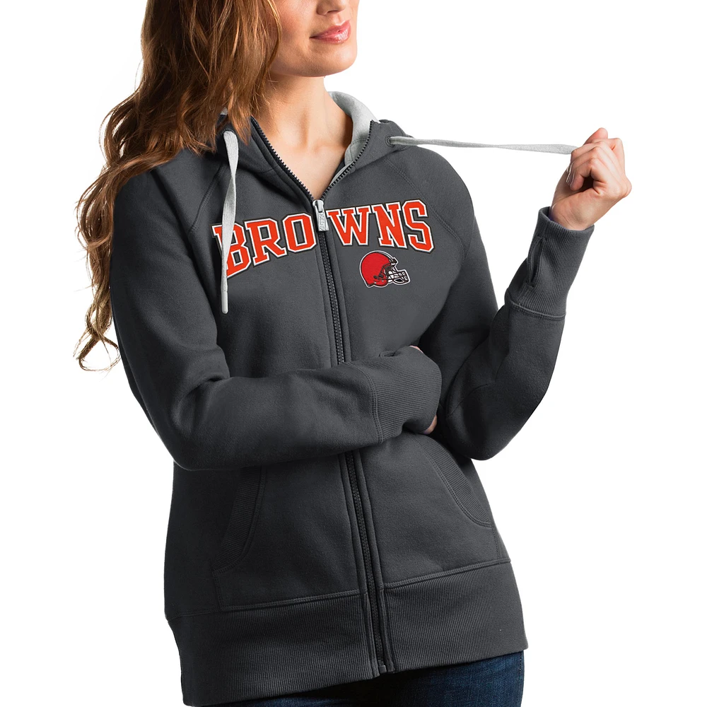 Women's Antigua Charcoal Cleveland Browns Wordmark Victory Full-Zip Hoodie