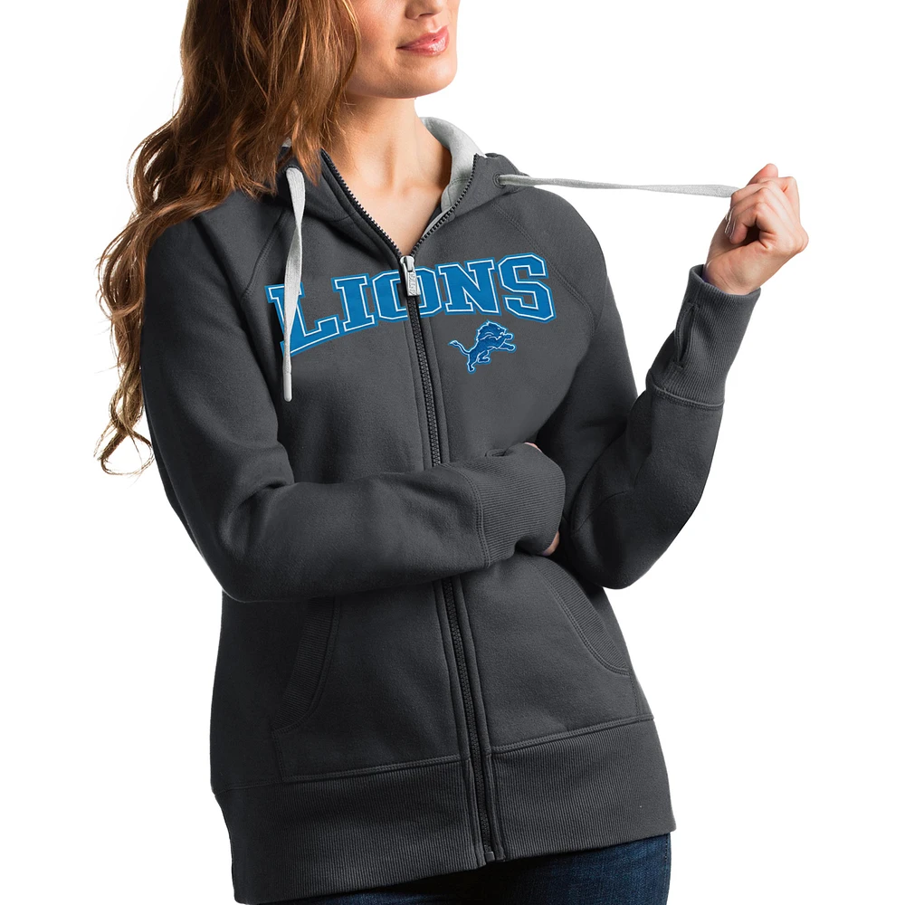 Women's Antigua Charcoal Detroit Lions Wordmark Victory Full-Zip Hoodie