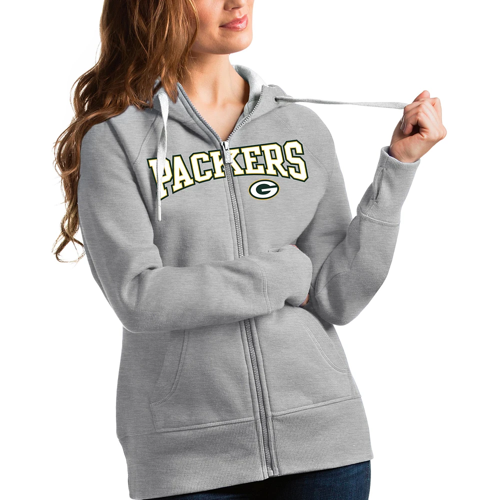 Women's Antigua Heathered Gray Green Bay Packers Wordmark Victory Full-Zip Hoodie