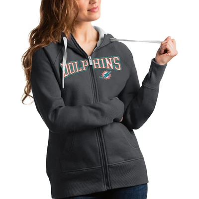 Women's Antigua Charcoal Miami Dolphins Wordmark Victory Full-Zip Hoodie