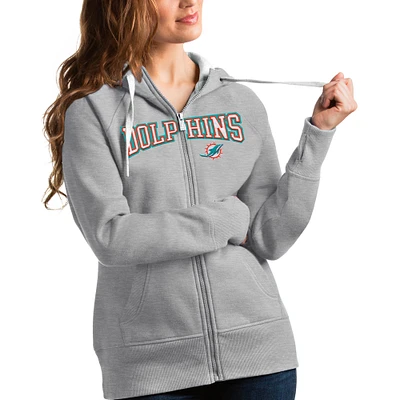 Women's Antigua Heathered Gray Miami Dolphins Wordmark Victory Full-Zip Hoodie