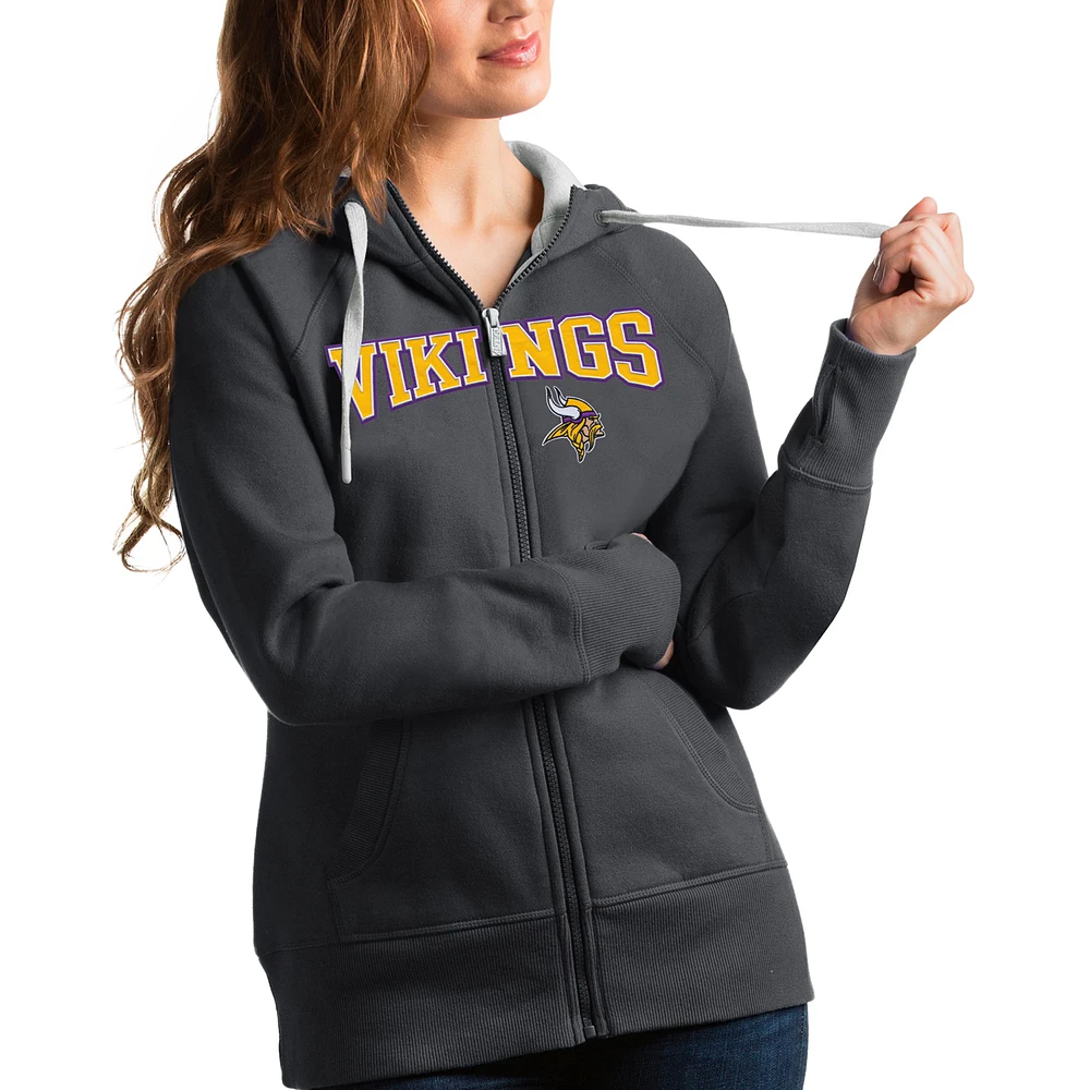 Women's Antigua Charcoal Minnesota Vikings Wordmark Victory Full-Zip Hoodie