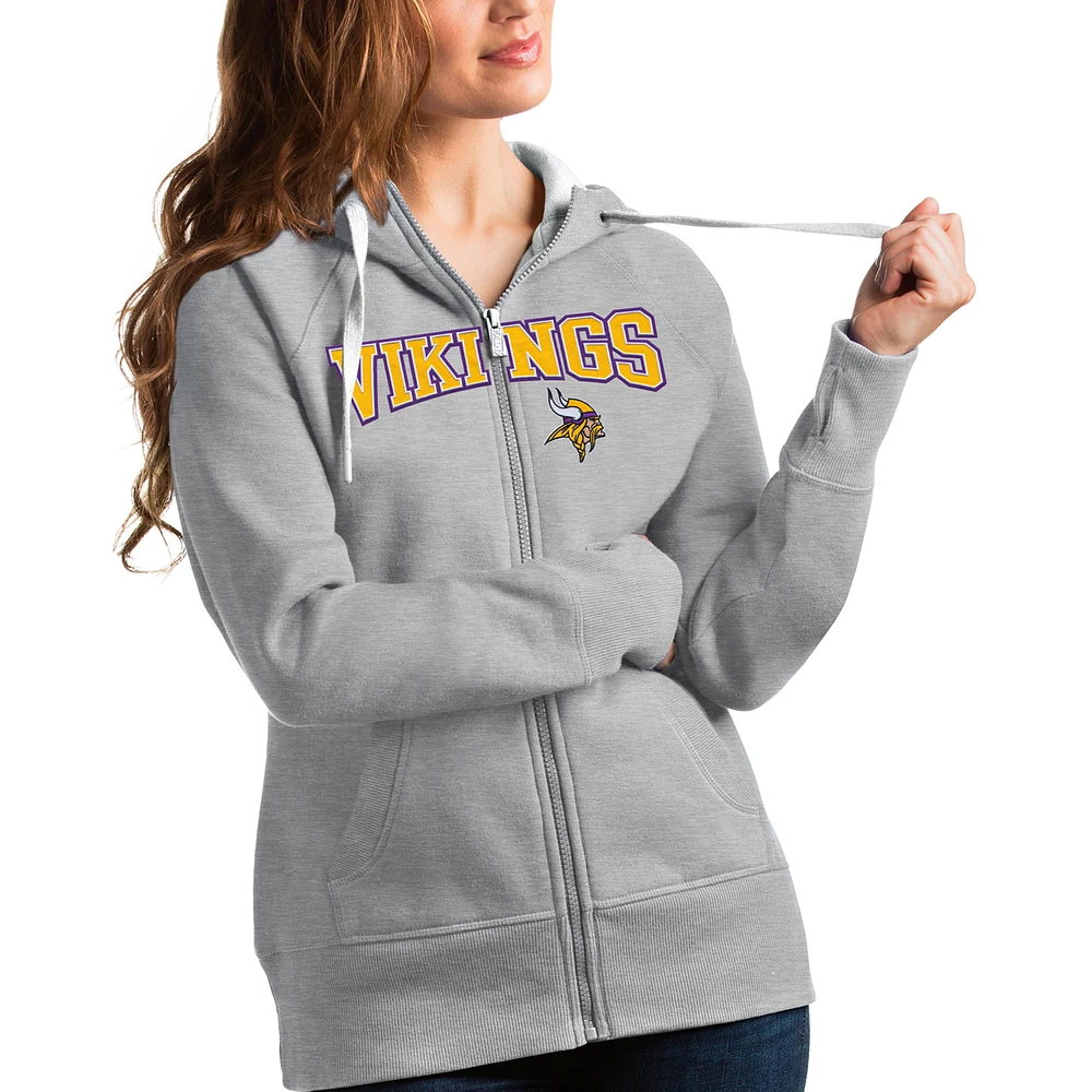 Women's Antigua Heathered Gray Minnesota Vikings Wordmark Victory Full-Zip Hoodie