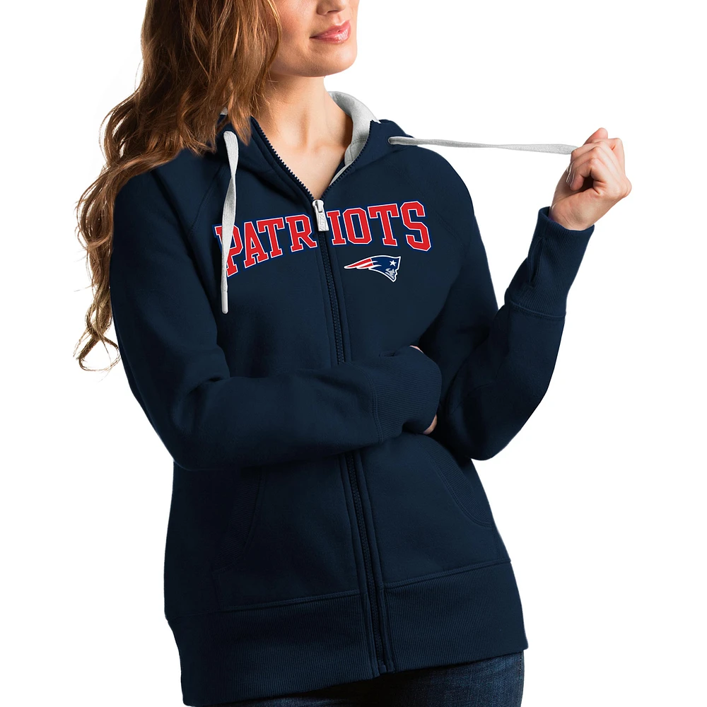 Women's Antigua Navy New England Patriots Wordmark Victory Full-Zip Hoodie