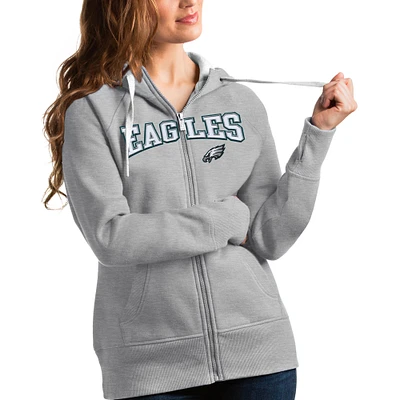Women's Antigua Heathered Gray Philadelphia Eagles Wordmark Victory Full-Zip Hoodie