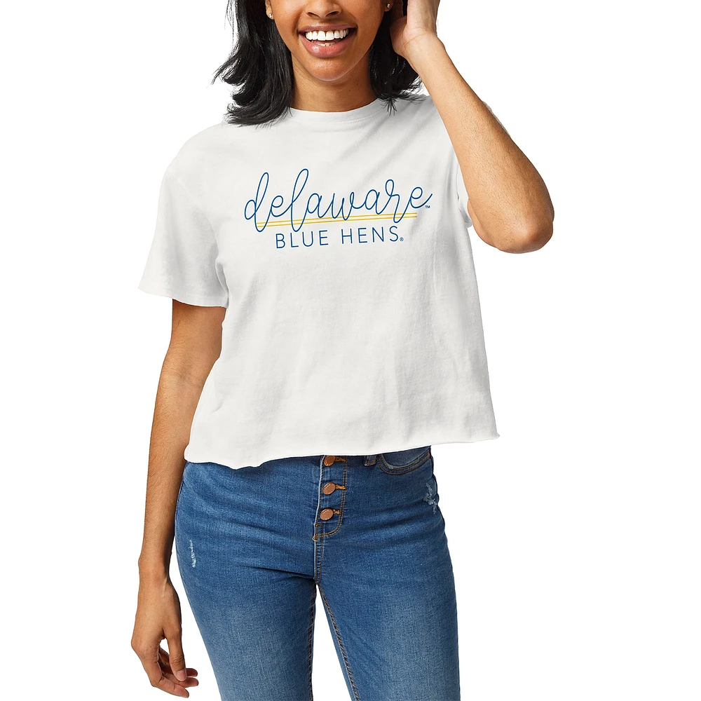 Women's League Collegiate Wear White Delaware Fightin' Blue Hens Script Clothesline Cropped T-Shirt