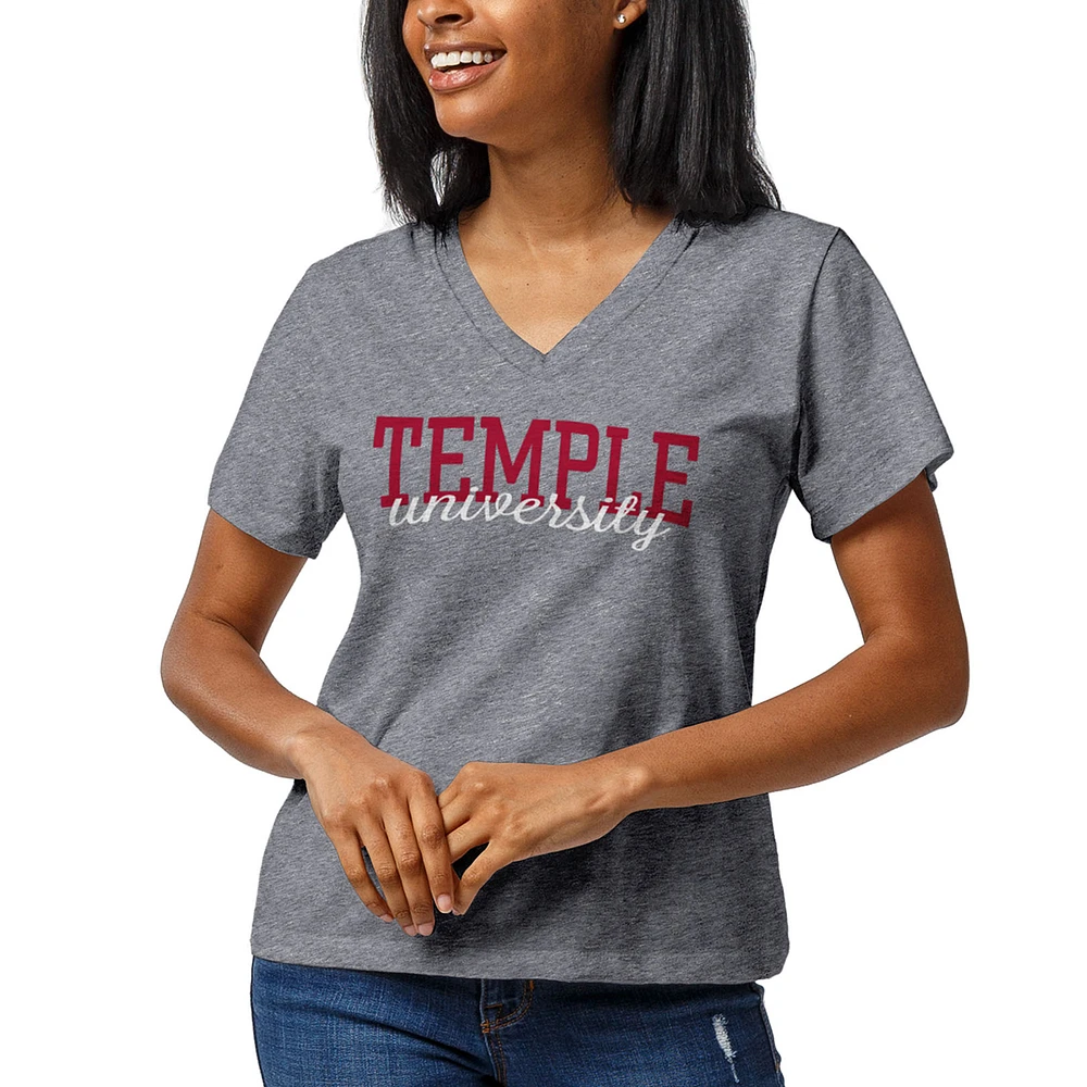 Women's League Collegiate Wear Heathered Gray Temple Owls Script Intramural Boyfriend V-Neck T-Shirt