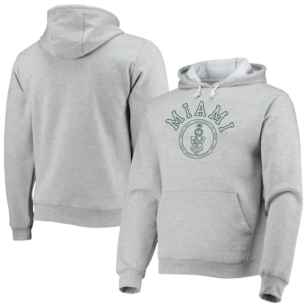 Men's League Collegiate Wear Heathered Gray Miami Hurricanes Seal Neuvo Essential Fleece Pullover Hoodie