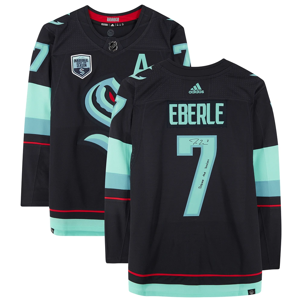 Jordan Eberle Seattle Kraken Autographed Navy adidas Authentic Jersey with "Release The Kraken" Inscription and Inaugural Season Jersey Patch