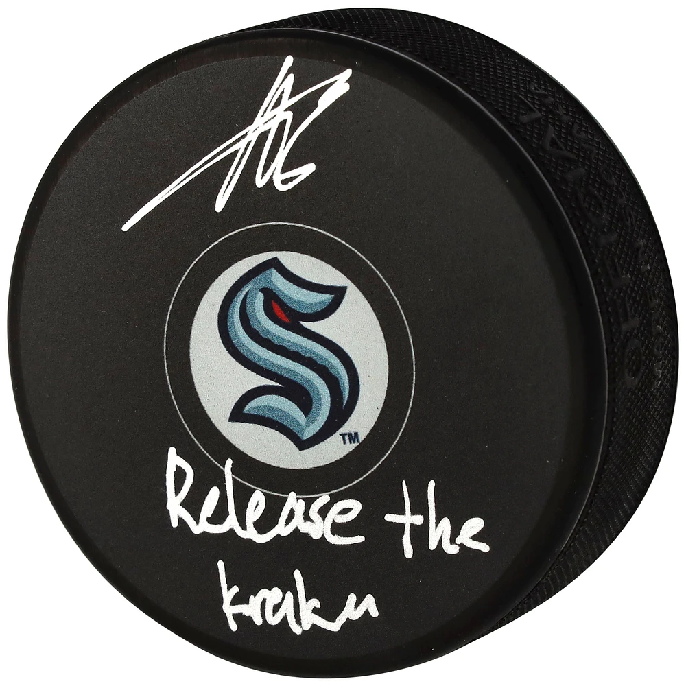 Adam Larsson Seattle Kraken Autographed Hockey Puck with "Release The Kraken" Inscription