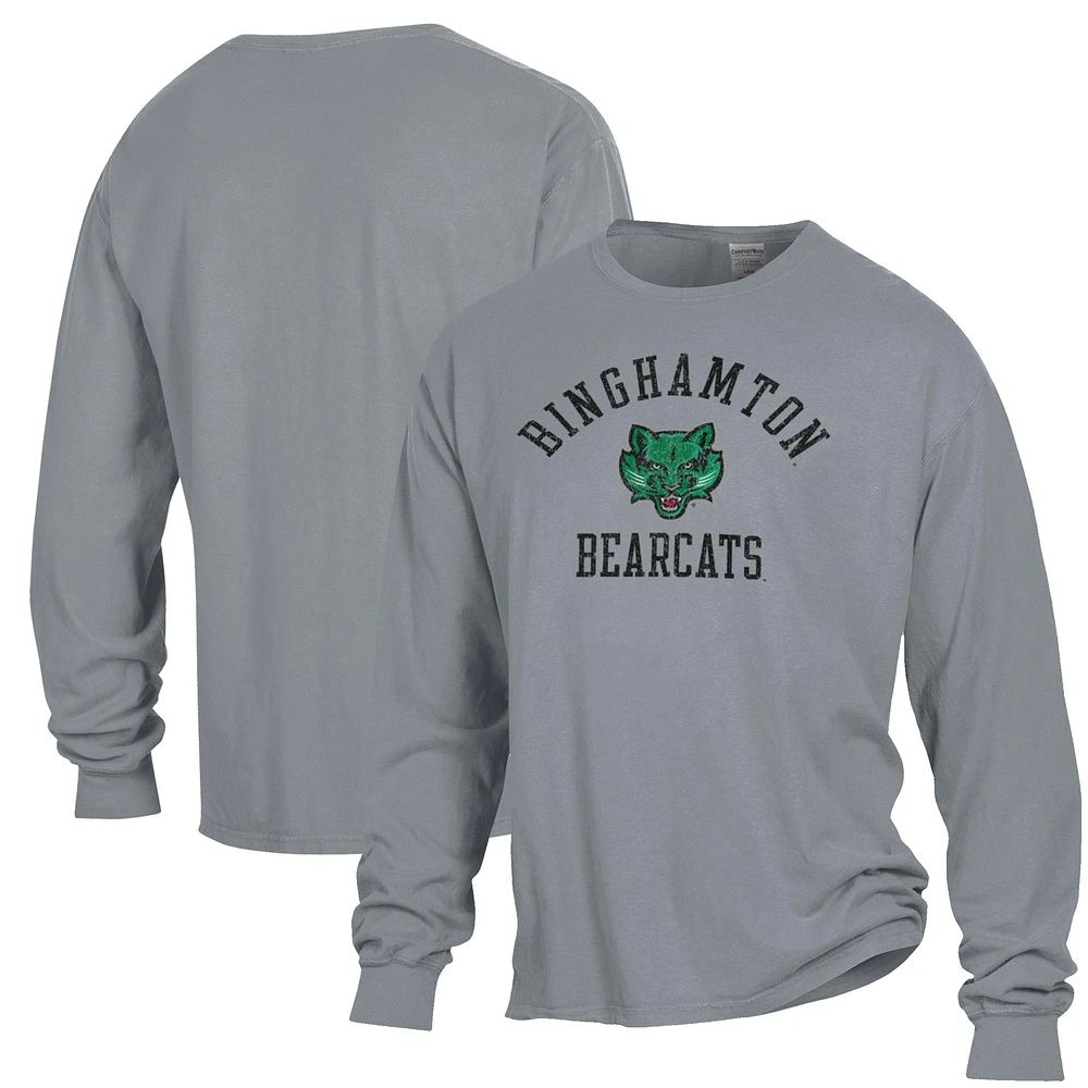 Men's ComfortWash Gray Binghamton Bearcats Arch Logo Garment Dyed Long Sleeve T-Shirt