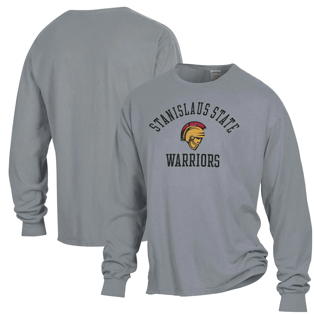 Men's ComfortWash Gray Cal State Stanislaus Warriors Arch Logo Garment Dyed Long Sleeve T-Shirt