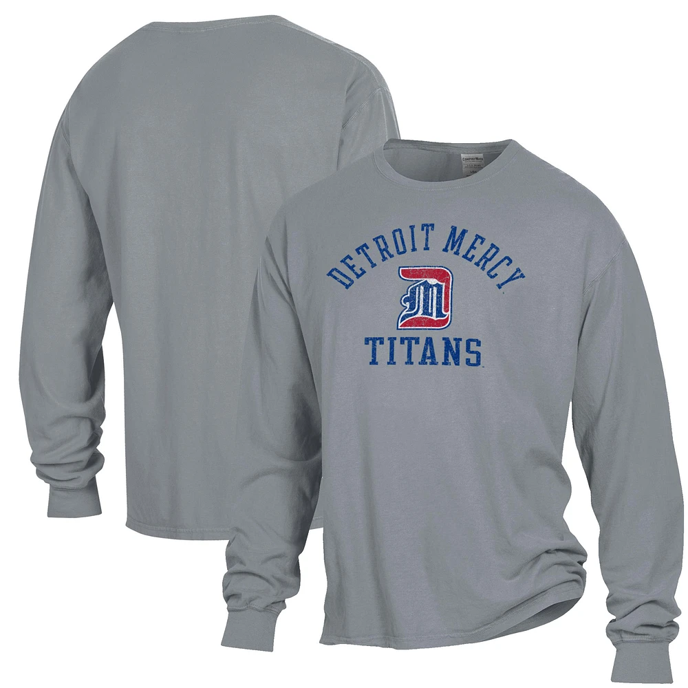 Men's ComfortWash Gray University of Detroit Mercy Titans Arch Logo Garment Dyed Long Sleeve T-Shirt