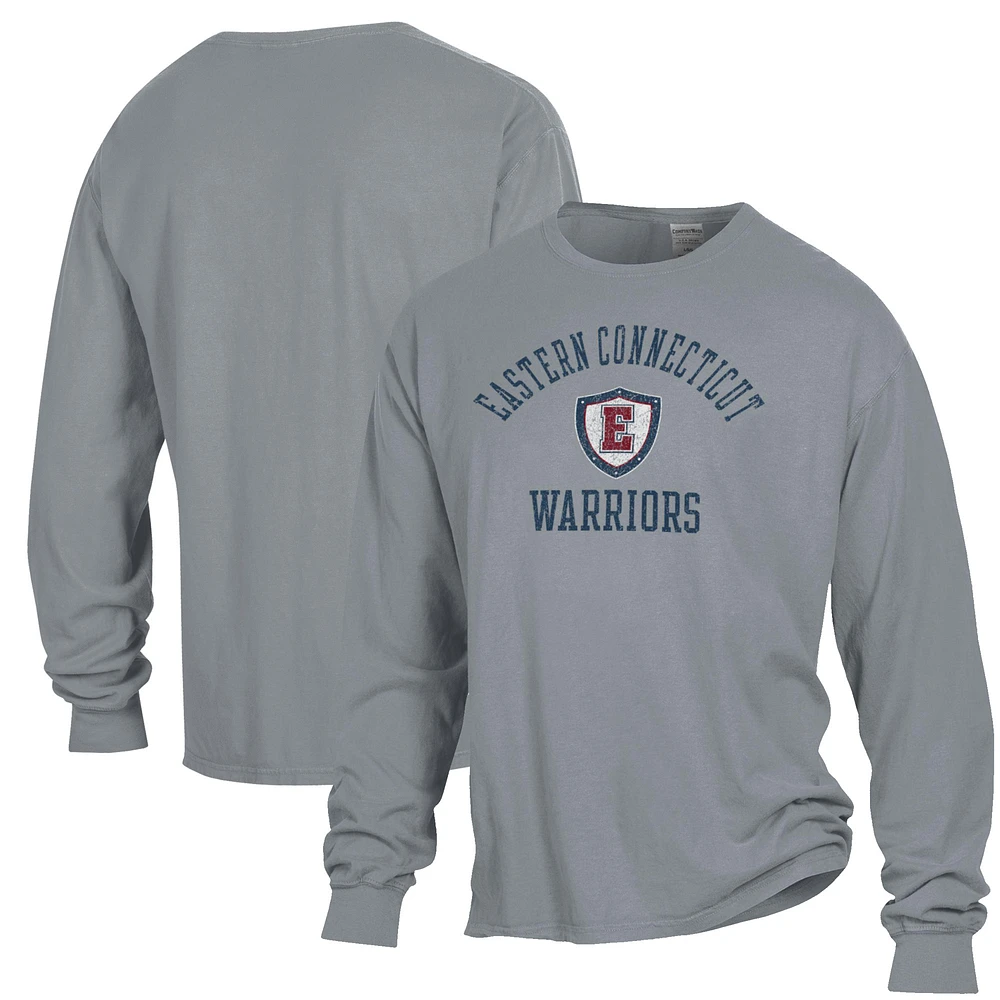 Men's ComfortWash Gray Eastern Connecticut State Warriors Arch Logo Garment Dyed Long Sleeve T-Shirt