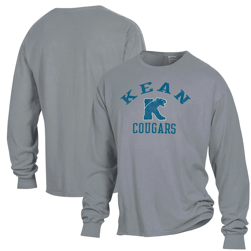 Men's ComfortWash Gray Kean University Cougars Arch Logo Garment Dyed Long Sleeve T-Shirt