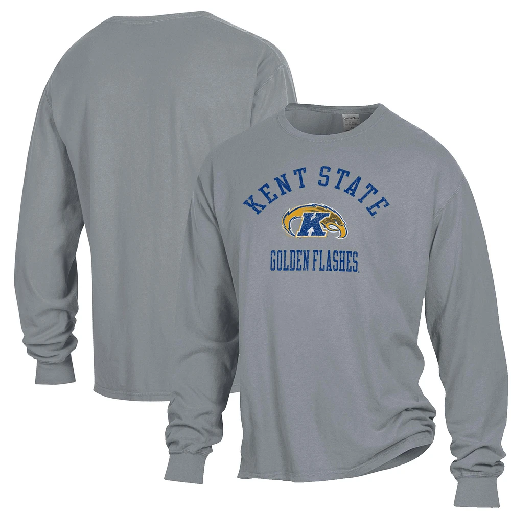 Men's ComfortWash Gray Kent State Golden Flashes Arch Logo Garment Dyed Long Sleeve T-Shirt