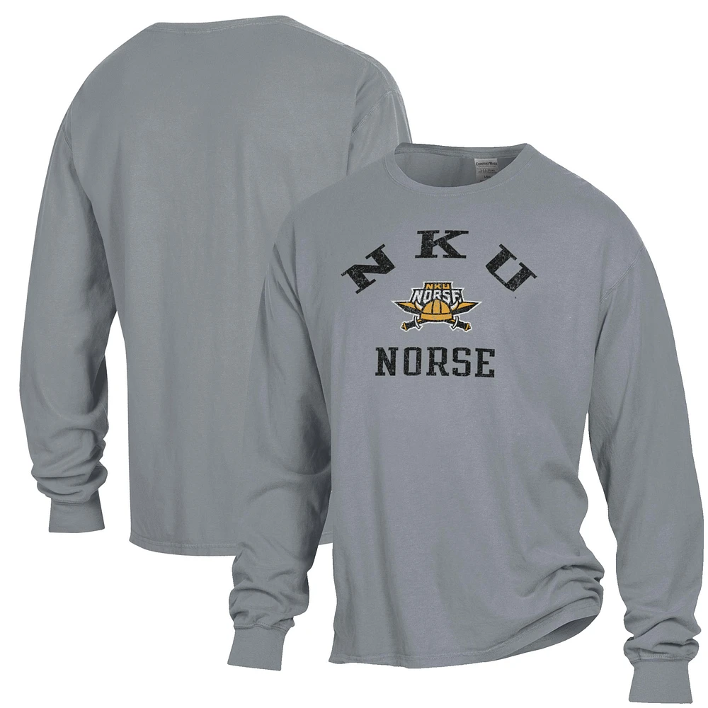 Men's ComfortWash Gray Northern Kentucky University Norse Arch Logo Garment Dyed Long Sleeve T-Shirt