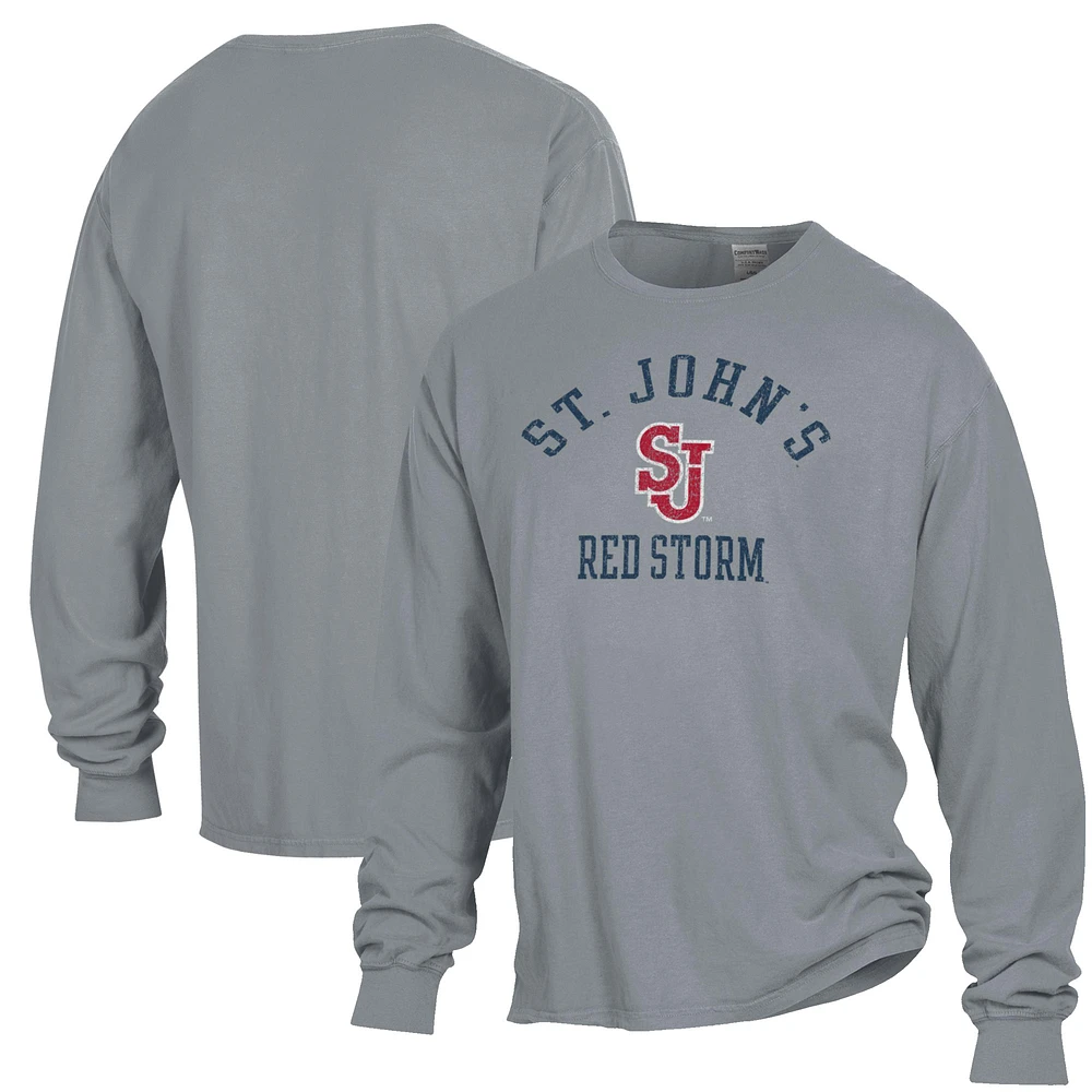 Men's ComfortWash Gray St. John's Red Storm Arch Logo Garment Dyed Long Sleeve T-Shirt
