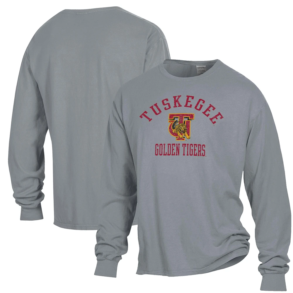 Men's ComfortWash Gray Tuskegee Golden Tigers Arch Logo Garment Dyed Long Sleeve T-Shirt