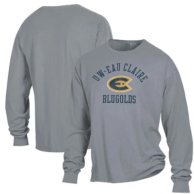 Men's ComfortWash Gray Wisconsin Eau Claire Blugolds Arch Logo Garment Dyed Long Sleeve T-Shirt
