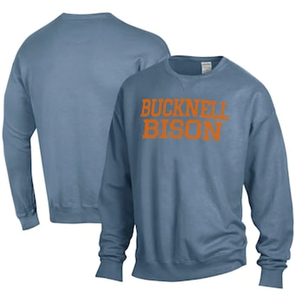 Men's ComfortWash Steel Blue Bucknell Bison Stack Garment Dyed Crewneck Pullover Sweatshirt