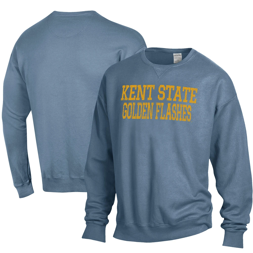 Men's ComfortWash Steel Blue Kent State Golden Flashes Stack Garment Dyed Crewneck Pullover Sweatshirt