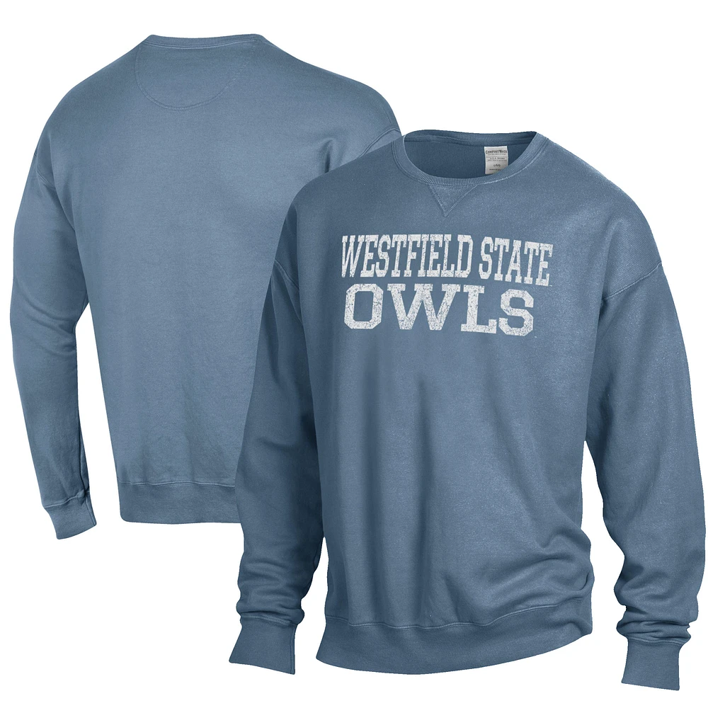 Men's ComfortWash Steel Blue Westfield State Owls Stack Garment Dyed Crewneck Pullover Sweatshirt