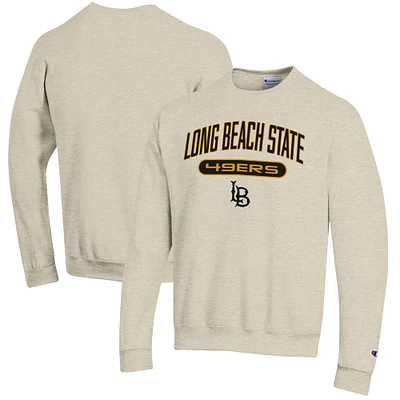 Men's Champion Heathered Oatmeal Cal State Long Beach The Eco Powerblend Crewneck Sweatshirt