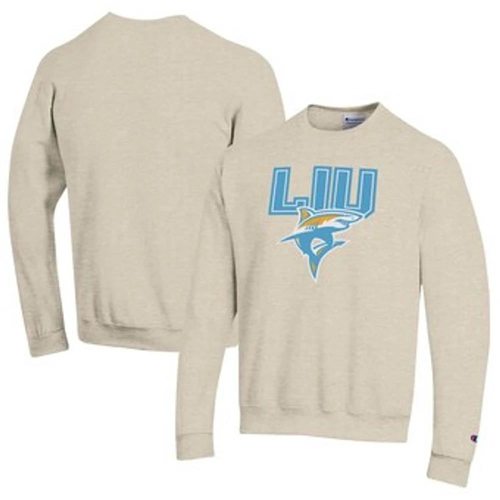 Men's Champion Heathered Oatmeal LIU Sharks Eco Powerblend Crewneck Sweatshirt