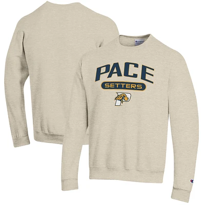 Men's Champion Heathered Oatmeal Pace University Setters Eco Powerblend Crewneck Sweatshirt