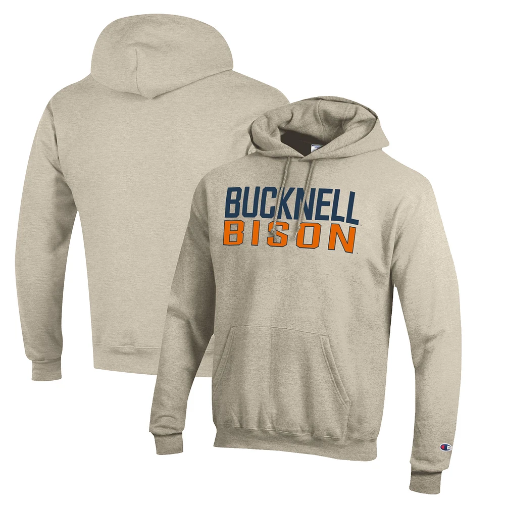 Men's Champion Heathered Oatmeal Bucknell Bison Eco Powerblend Pullover Hoodie
