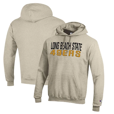 Men's Champion Heathered Oatmeal Cal State Long Beach The Beach Eco Powerblend Pullover Hoodie