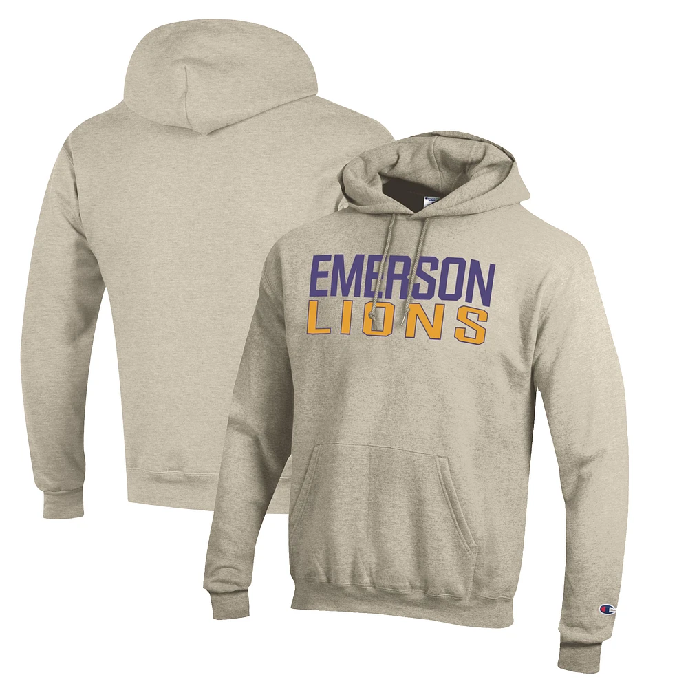 Men's Champion Heathered Oatmeal Emerson College Lions Eco Powerblend Pullover Hoodie