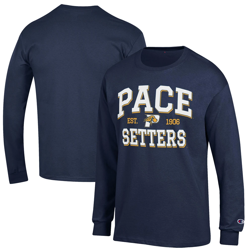 Men's Champion Navy Pace University Setters Jersey Est. Date Long Sleeve T-Shirt