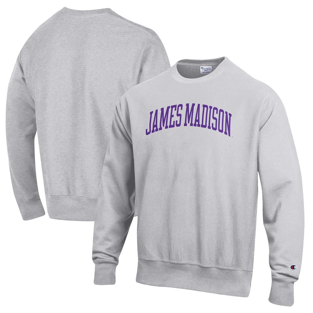 Men's Champion Heathered Gray James Madison Dukes Reverse Weave Fleece Crewneck Sweatshirt