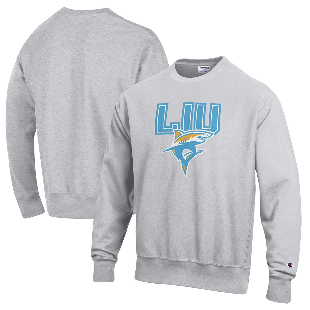 Men's Champion Heathered Gray LIU Sharks Reverse Weave Fleece Crewneck Sweatshirt