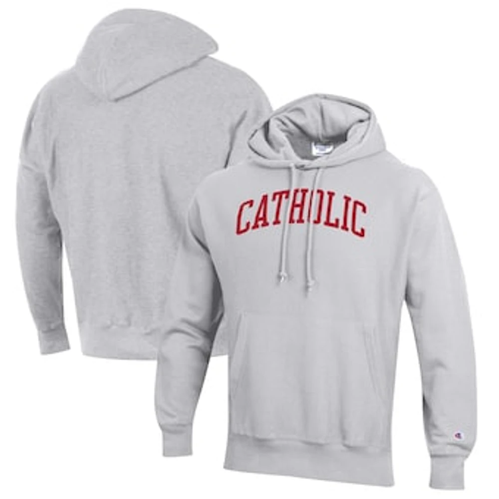 Men's Champion Heathered Gray Catholic University Cardinals Reverse Weave Fleece Pullover Hoodie
